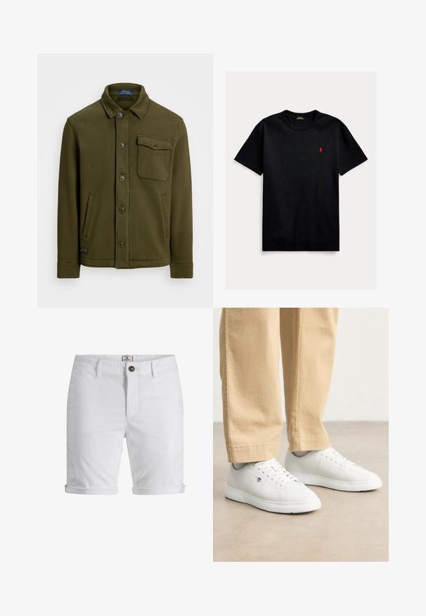 Tamno maslinasto zelena pamučna jakna s kragnom, prednjim dugmadi, jednom džepom na prsima i dva bočna džepa. Glatka tekstura s minimalnim detaljima.; Crni pamučni majica s kratkim rukavima, okruglim izrezom i malim crvenim logom na lijevoj strani prsnog koša. Glatka tekstura, standardno pristajanje.; Bijeli pamučni šorts s prevrnutim rubom, s kopčanjem na gumb, prednjim džepovima i teksturiranim materijalom. Standardni kroj.; Bijele kožne tenisice s glatkom površinom, s okruglim vrhom, vezanjem i suptilnim logotipom sa strane, u paru s bež hlačama.