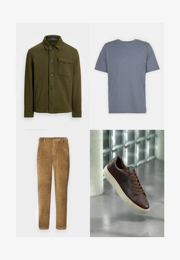 Giacca in cotone verde oliva scuro con colletto, bottoni frontali, una tasca sul petto e due tasche laterali. Tessuto liscio con dettagli minimi.; T-shirt grigia a maniche corte con collo rotondo, realizzata in morbido tessuto misto cotone. Design semplice, senza motivi né dettagli.; Pantaloni in corduroy marroni con texture a coste verticali, taglio dritto, chiusura con bottone e passanti per cintura. Tessuto morbido con una finitura liscia.; Sneaker in pelle marrone con punta rotonda, lacci marroni e suola in gomma beige. Presenta un branding minimale sul lato.