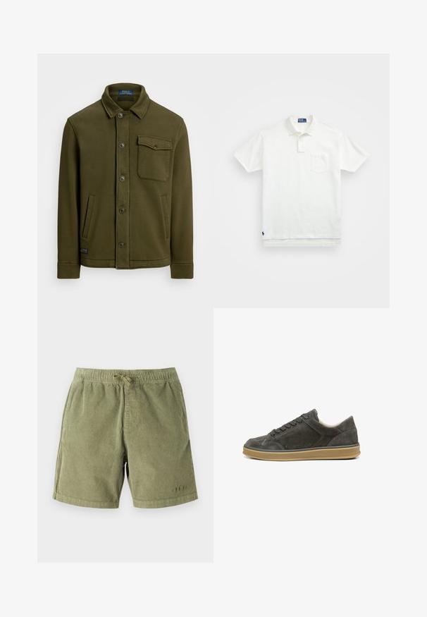 Ciemnooliwkowa bawełniana kurtka z kołnierzem, z przodu na guziki, jedna kieszeń na piersi i dwie kieszenie boczne. Gładka faktura z minimalnymi detalami.; Biała koszulka polo wykonana z bawełny, z klasycznym kołnierzykiem, trzema guzikami oraz kieszonką na lewym piersi; małe logo na dolnym brzegu.; Jasnozielone szorty z korduroy z elastycznym pasem i sznurkiem do regulacji. Posiadają boczne kieszenie i subtelne detale w szyciu.; Ciemnoszare zamszowe sneakersy z okrągłym noskiem, sznurowane z przodu, z kontrastującą jasnobrązową gumową podeszwą. Charakteryzują się minimalnymi szwami oraz gładką teksturą.