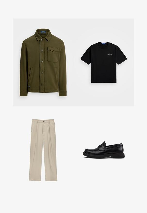 Dunkelolivgrüne Baumwolljacke mit einem Kragen, vorderen Knöpfen, einer Brusttasche und zwei Seitentaschen. Glatte Textur mit minimaler Detailgestaltung.; Schwarzes Baumwoll-T-Shirt mit Rundhalsausschnitt und kurzen Ärmeln. Mit "POLO SPORT"-Logo auf der linken Brust in Weiß. Normale Passform.; Beige Hosen mit geradem Schnitt, ausgestattet mit einem einzelnen schwarzen Knopf, Gürtelschlaufen und Seitentaschen. Glatte Stofftextur und minimalistisches Design.; Schwarze Leder-Slipper mit runder Spitze, flacher Sohle und dekorativem Riemen über dem Obermaterial.