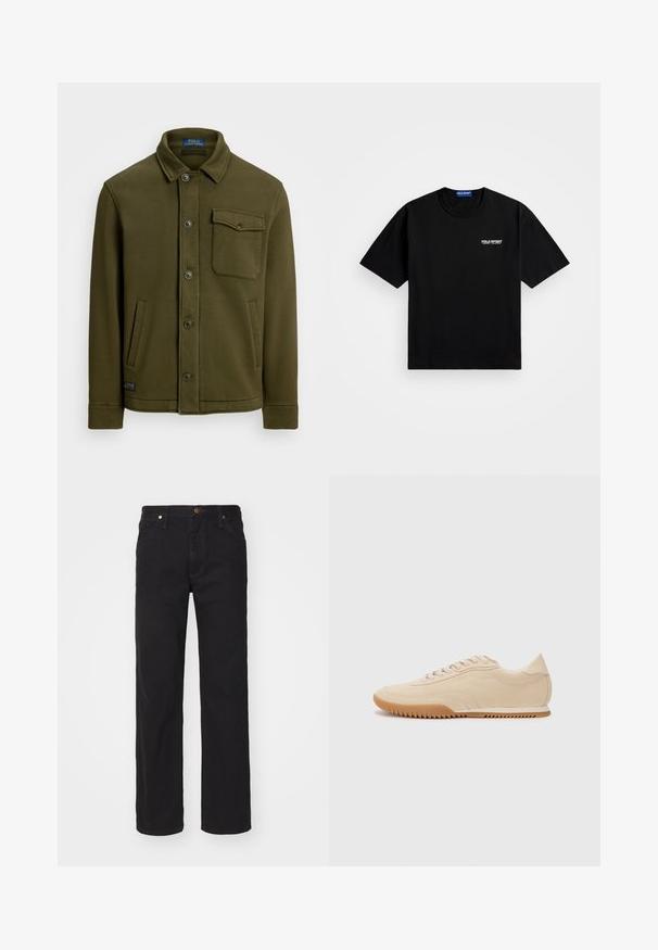 Dark olive green cotton jacket with a collar, front buttons, one chest pocket, and two side pockets. Smooth texture with minimal detailing.; Black cotton t-shirt with a round neckline and short sleeves. Features "POLO SPORT" logo on the left chest in white. Standard fit.; Black denim jeans with a straight leg design, featuring a button closure, five pockets, and copper-tone hardware accents.; Beige suede sneakers with a streamlined design, featuring a textured upper, rounded toe, and a rubber sole with a zigzag pattern.
