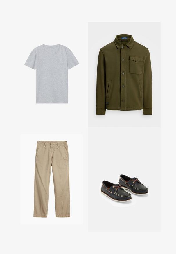 Mørkeoliven grøn bomuldsjakke med krave, frontknapper, en brystlomme og to sidelommer. Glat tekstur med minimal detailing.; Grå kortærmet t-shirt lavet af blødt bomuldsblandingsmateriale, med en klassisk rund halsudskæring og en glat, let tekstur.; Beige lige ben chinos med bæltestropper, frontknap og lynlås lukning samt skrå frontlommer.; Marine læderbådssko med gul syning, røde snørebånd og sølv øjer; rund tå; hvid gummisål.