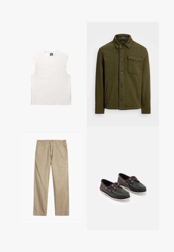Dark olive green cotton jacket with a collar, front buttons, one chest pocket, and two side pockets. Smooth texture with minimal detailing.; White sleeveless top with a round neckline, made from soft cotton fabric. Features a straight cut and clean edges, no patterns or accents.; Beige straight-leg chinos with belt loops, front button and zipper closure, and slant front pockets.; Navy leather boat shoes with yellow stitching, red laces, and silver eyelets; round toe; white rubber sole.