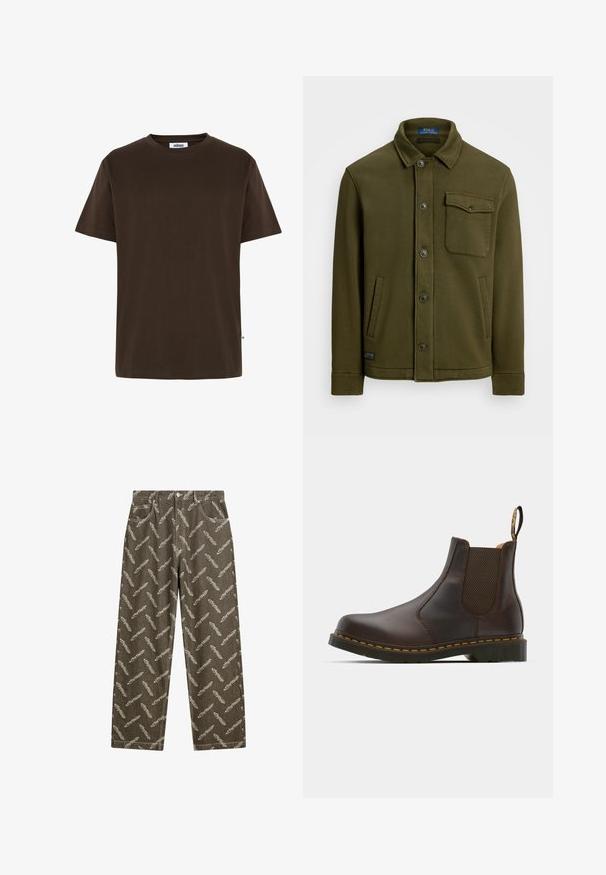 Ciemnooliwkowa bawełniana kurtka z kołnierzem, z przodu na guziki, jedna kieszeń na piersi i dwie kieszenie boczne. Gładka faktura z minimalnymi detalami.; Minimum AARHUS ciemnobrązowy; Spodnie dżinsowe w kolorze khaki z ogólnym wzorem piór w jasnym beżu. Luźny krój, standardowe kieszenie i kontrastowe szwy.; Brązowy skórzany botek Chelsea z elastycznymi bocznymi panelami, teksturowanym obcasem i kontrastowym żółtym szwem. Wyposażony w pętelkę ułatwiającą zakładanie.
