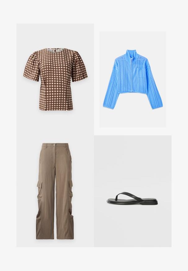 Giacca cropped azzurra chiara realizzata in tessuto a maglia testurizzato, caratterizzata da un colletto alto, zip completa e una tasca sul petto sinistro con righe orizzontali.; Top a scacchi marroni e bianchi con maniche a sbuffo corte e scollatura rotonda. Caratterizzato da una cerniera sul retro e una texture di tessuto liscia.; T-shirt in cotone a maniche corte con scollo rotondo, caratterizzato da strisce verticali nere su sfondo bianco e un design a taglio dritto.; Pantaloni cargo in un tessuto marrone chiaro, con un design a gamba dritta, due tasche laterali e due tasche cargo sulle cosce.; Infradito neri in pelle liscia, con un design a fascia sottile e una suola piatta dal profilo minimale. Nessun motivo o accento particolare.