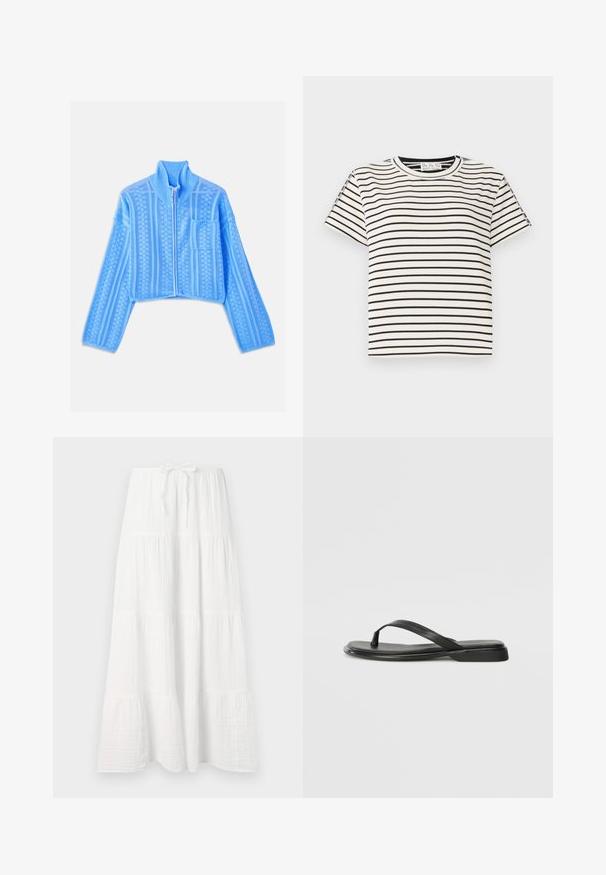 Hellblauere cropped Jacke aus strukturiertem Strickstoff, mit hohem Kragen, vollständigem Reißverschluss und einer linken Brusttasche mit horizontalen Streifen.; Kurzarm-T-Shirt aus Baumwolle mit Rundhalsausschnitt, das auf einem weißen Hintergrund schwarze vertikale Streifen und einen geraden Schnitt aufweist.; Langer weißer Rock aus strukturiertem Stoff, der horizontale Stufen und einen verstellbaren Taillengurt für den optimalen Sitz aufweist. Glattes, fließendes Design.; Schwarze Flip-Flops aus glattem Leder, mit einem dünnen Riemendesign und einer flachen Sohle mit minimalem Profil. Keine bemerkenswerten Muster oder Akzente.