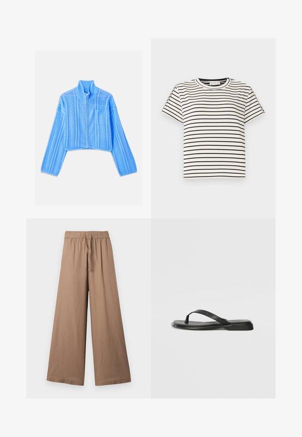 Gai zilā krītožā jaka, izgatavota no teksturēta adīšanas auduma, ar augstu apkakli, pilnu rāvējslēdzēju un kreiso krūšu kabatu ar horizontālām svītrām.; Kokvilnas T-krekls īsām piedurknēm ar apaļu kakla izgriezumu, ar melnām vertikālām svītrām uz balta fona un taisnu griezumu.; Plati nozaru bikses no gaiši brūnas auduma, ar elastīgu jostasvietu un šnoreti, kā arī gludu, strukturētu apdari.; Melni flip-flopi, kas izgatavoti no gludas ādas, ar plānu siksniņu dizainu un plakanu zoli ar minimālu profilu. Nav ievērojamu rakstu vai akcentu.