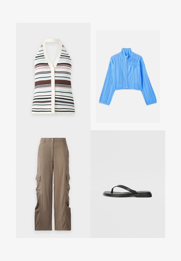 Veste cropped bleu clair en tissu tricoté texturé, avec un col haut, une fermeture éclair intégrale et une poche sur la poitrine gauche avec des rayures horizontales.; Débardeur à rayures côtelé avec décolleté en V, présentant des lignes bleues, roses, marron et noires ; bord crème et cinq boutons blancs sur le devant.; Pantalons cargo en tissu beige clair, avec une coupe droite, deux poches latérales et deux poches cargo sur les cuisses.; Tongs noires en cuir lisse, avec un design de sangle fine et une semelle plate à profil minimal. Aucun motif ou accent notables.