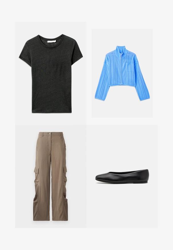 Šviesiai mėlyna trumpa striukė, pagaminta iš tekstūruoto mezgimo audinio, su aukšta apykakle, pilnu užtrauktuku ir kairėje krūtinės pusėje esančia kišene su horizontaliomis juostelėmis.; Tamsiai pilkas trumpas rankovės marškinėliai, apvaliu kaklu, pagaminti iš minkštos, tekstūruotos medžiagos su laisvu siluetu. Nėra matomų raštų ar metalinių detalių.; Šviesiai rudos medžiagos cargo kelnės su tiesiu pjūviu, dvi šoninės kišenės ir dvi cargo kišenės ant šlaunų.; Paul Smith TOPANGA - Balerinos stiliaus laivutės - black