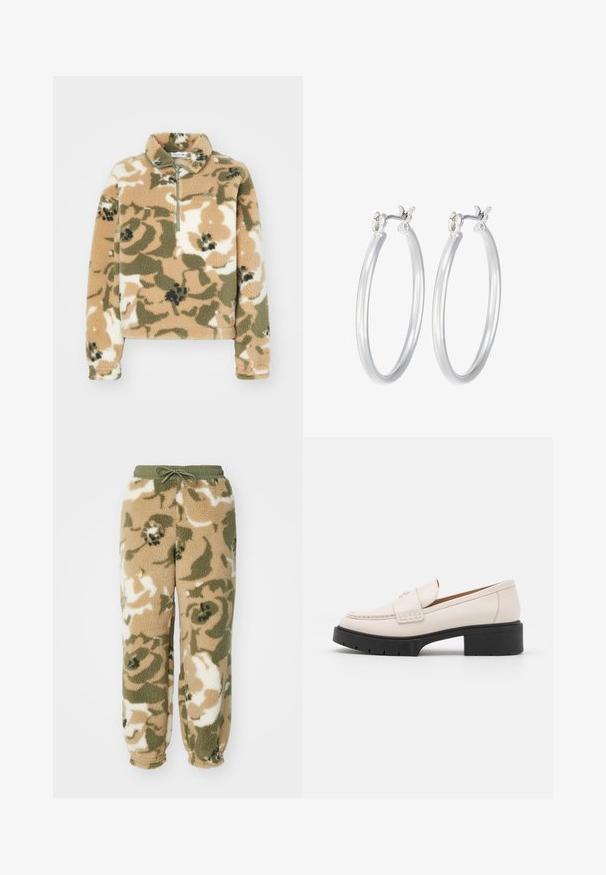 Polarowa bluza z kołnierzem na pół-zamek, z kwiatowym wzorem w kolorze beżowym, oliwkowym i kremowym. Miękka tekstura i długie rękawy.; Trzy topy na ramiączkach w kolorze miętowym, czarnym i beżowym; wykonane z prążkowanej tkaniny, z okrągłym dekoltem i bez rękawów. Widać metkę marki.; Spodnie dresowe z polaru z elastycznym paskiem. Wzór w kamuflaż w odcieniach beżu, zieleni i bieli. Miękki, teksturowany materiał.; Jasno beżowe skórzane mokasyny z haftowanym przodem i teksturowanym czarnym obcasem. Charakteryzują się zaokrąglonym kształtem i lekkim podniesieniem.; Srebrne kolczyki w formie kółek o gładkim, polerowanym wykończeniu. O okrągłym kształcie i pewnym zapięciu na klik. Lekka konstrukcja odpowiednia do codziennego noszenia.