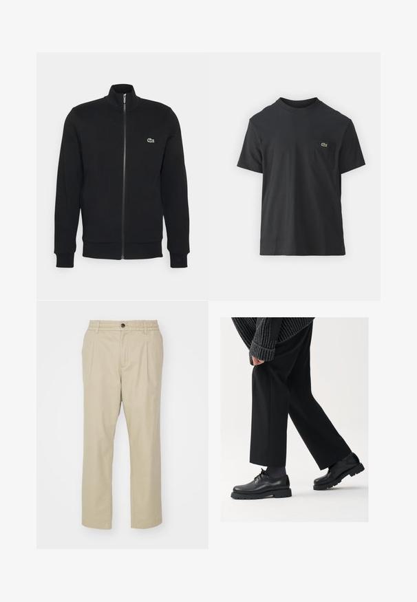 Črna zip-up jakna iz mehkega blaga. Ima visok ovratnik, dolge rokave in majhen zeleni logotip na levi strani prsnega koša.; Črna bombažna majica s kratkimi rokavi, okroglo ovratnikom in majhnim zelenim logotipom na levem žepu. Preprost dizajn, redna prileganje.; Jack & Jones JPSTKARL JJLAWRENCE SOUTH - Hlače - crockery; Črne usnjene čEvlje s zaobljenim nosom, zavezovanjem in debelim, teksturiranim podplatom. Obute z urejenimi črnimi hlačami in rebrastim puloverjem.