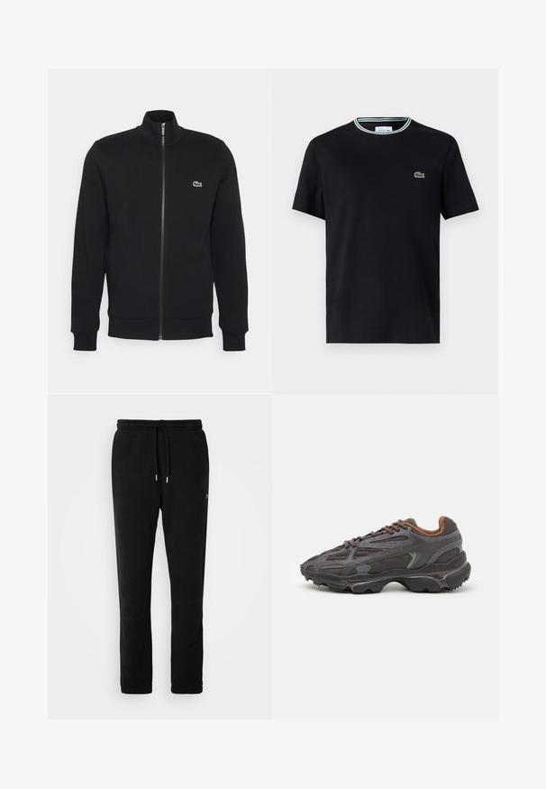Fekete, cipzáros dzseki puha anyagból. Magas nyaka, hosszú ujjai és a bal mellen egy kis zöld logó található.; Fekete pamut póló, kerek nyakkivágással, fehér és zöld csíkos díszítéssel, és zöld hímzett krokodil logóval a bal mellen.; Fekete pamut melegítőnadrág, puha anyagból készült, húzózsinórral a deréknál, visszafogott lábszárakkal és minimális márkázással egy diszkrét dizájnban.; Sötét szürke Lacoste sportcipők hálós és szintetikus anyagból, textúrázott talppal és barna díszítésekkel a nyak részen és a logón.