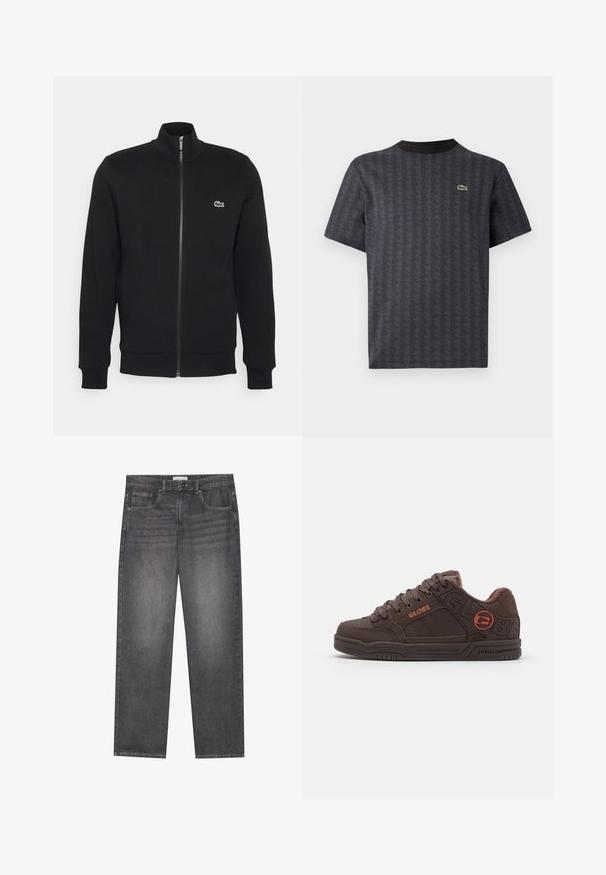 Črna zip-up jakna iz mehkega blaga. Ima visok ovratnik, dolge rokave in majhen zeleni logotip na levi strani prsnega koša.; Črna kratka majica s kratkimi rokavi, ki ima geometrijski vzorec in zeleno krokodilovo logo, z enobarvnim črnim okroglim ovratnikom.; Temno sivi kavbojki z ravnim krojem, ki imajo pet žepov, sprednjo zaponko na gumb in rahlo zbledelost po tkanini.; Rjave skate čevlje s oblazinjenim ovratnikom, teksturiranim usnjenim zgornjim delom in embosiranim logotipom. Imajo debele vezalke in gumijast podplat z utori.