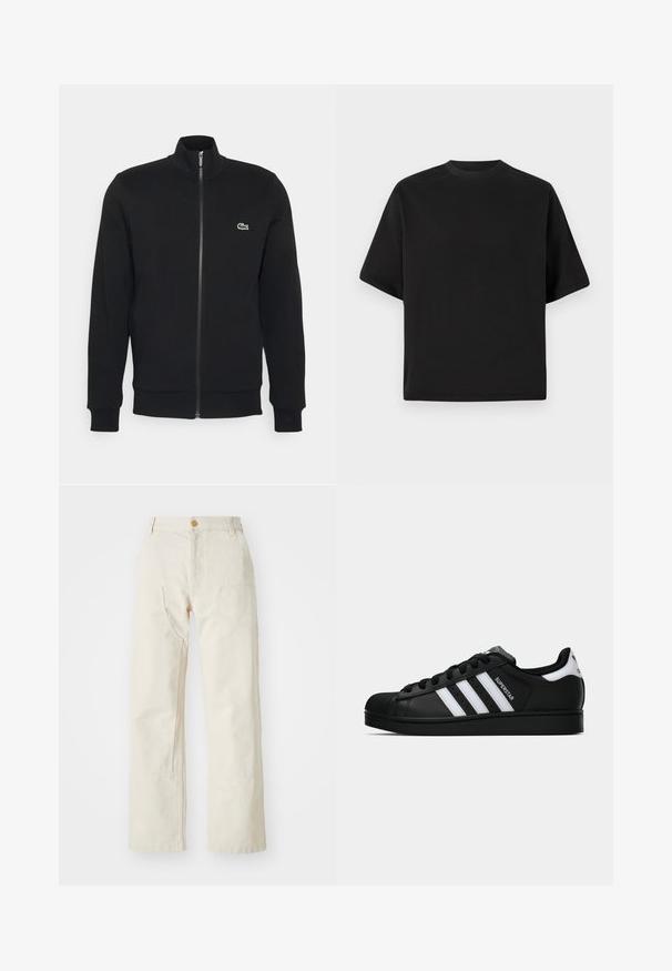 Giacca nera con zip realizzata in tessuto morbido. Presenta un colletto alto, maniche lunghe e un piccolo logo verde sul lato sinistro del petto.; T-shirt nera a maniche corte in vestibilità larga, realizzata in cotone morbido, con scollatura rotonda e design minimalista.; Pantaloni beige a gamba larga in cotone, dotati di chiusura con bottone, due tasche laterali e un taglio dritto, con una texture liscia.; Sneaker nera Adidas Superstar con strisce bianche, punta a conchiglia e testo "Superstar" su un lato, mostrata in profilo laterale su sfondo bianco.
