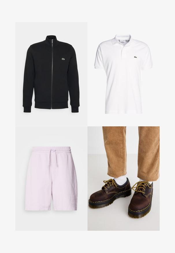 Giacca nera con zip realizzata in tessuto morbido. Presenta un colletto alto, maniche lunghe e un piccolo logo verde sul lato sinistro del petto.; Polo bianco in cotone con colletto classico, maniche corte e un piccolo logo di coccodrillo verde sul lato sinistro del petto. Design semplice.; Pantaloni corti in cotone rosa con vita elasticizzata e cordoncino, dotati di tasche frontali e logo ricamato "HUGO" sulla gamba sinistra.; Scarpe di pelle marrone con cuciture gialle, punta rotonda, suola spessa e dettagli neri a contrasto. Indossate con calzini bianchi e pantaloni in corduroy.