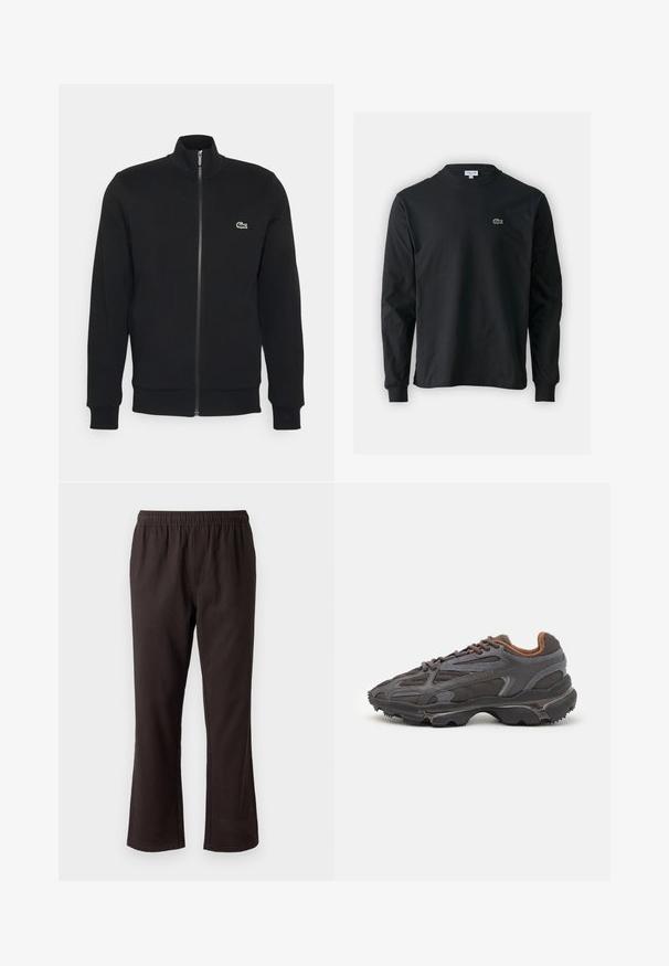 Chaqueta negra con cremallera, fabricada en un material suave. Presenta un cuello alto, mangas largas y un pequeño logo verde en el lado izquierdo del pecho.; Camiseta de manga larga negra de algodón, con escote redondo y un pequeño logo de cocodrilo bordado en verde en el lado izquierdo del pecho.; Pantalones de mezcla de algodón, negros y acampanados, con cintura elástica, que presentan una textura suave y un diseño sencillo sin costuras visibles ni adornos.; Zapatillas Lacoste en gris oscuro con material de malla y sintético, que cuentan con una suela texturizada y detalles en marrón en el cuello y la marca.