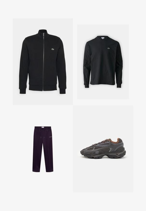 Svart hettejakke laget av mykt stoff. Har høy krage, lange ermer og en liten grønn logo på venstre side av brystet.; Svart langermet T-skjorte laget av bomull, med rund hals og en liten grønn brodert krokodillelogo på venstre bryst.; Lilla joggebukser med snor i midjen, sidelommer og "LES DEUX"-tekst på venstre lår. Glatt stoff og rett ben-design.; Lacoste-sneakers i mørkegrått med mesh- og syntetisk materiale, med en teksturert såle og brune detaljer på kragen og merket.