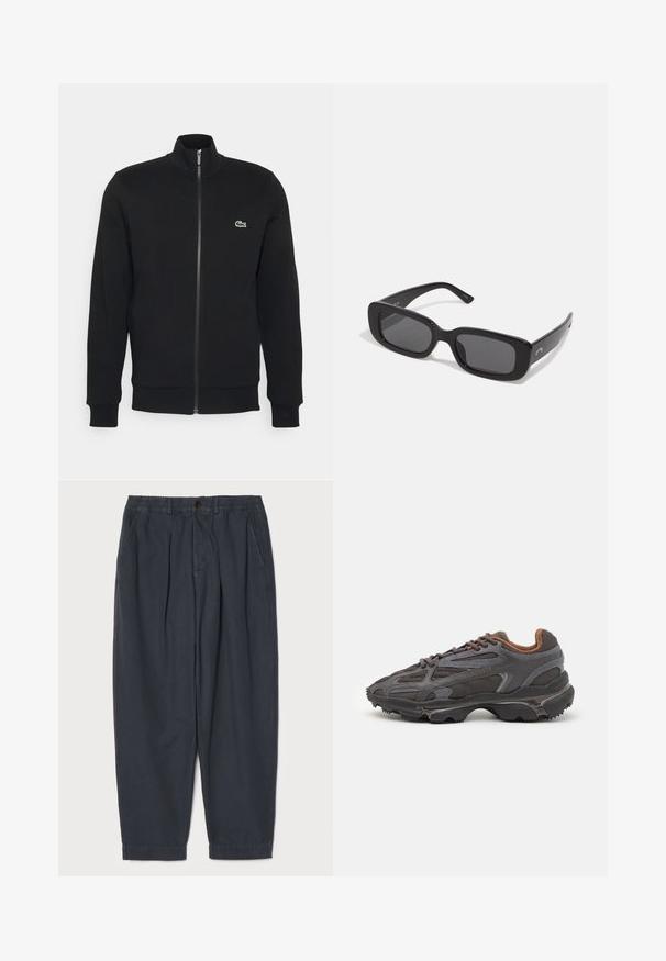 Black zip-up jacket made of soft fabric. Features a high collar, long sleeves, and a small green logo on the left side of the chest.; Black long-sleeve t-shirt made of cotton, featuring a round neckline and a small green embroidered crocodile logo on the left chest.; Pompeii LOOSE TROUSER - Trousers - emerald; Lacoste sneakers in dark gray with mesh and synthetic material, featuring a textured sole and brown accents on the collar and branding.; Black rectangular sunglasses with dark lenses, smooth plastic frames, and wide arms. Subtle branding on the side.