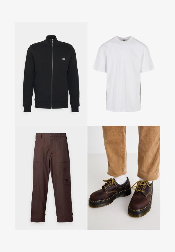 Giacca nera con zip realizzata in tessuto morbido. Presenta un colletto alto, maniche lunghe e un piccolo logo verde sul lato sinistro del petto.; T-shirt bianca in cotone con scollatura rotonda e maniche corte. Il design è semplice, senza motivi o accenti.; Pantaloni cargo marroni realizzati in tessuto resistente. Presentano due tasche laterali, una chiusura con bottone e un ricamo del logo sulla gamba.; Scarpe di pelle marrone con cuciture gialle, punta rotonda, suola spessa e dettagli neri a contrasto. Indossate con calzini bianchi e pantaloni in corduroy.