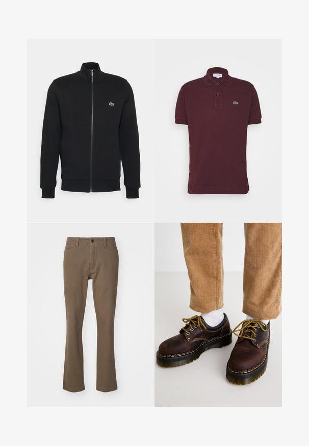 Black zip-up jacket made of soft fabric. Features a high collar, long sleeves, and a small green logo on the left side of the chest.; Burgundy polo shirt made of cotton, featuring a classic collar, three buttons, and a small green crocodile logo on the chest.; Brown, straight-leg trousers made of cotton with a smooth texture, featuring a button closure, zipper, and front pockets.; Brown leather shoes with yellow stitching, round toe, thick platform sole, and contrasting black accents. Worn with white socks and corduroy pants.