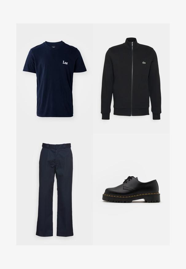 Černá zipová bunda vyrobená z měkké tkaniny. Má vysoký límec, dlouhé rukávy a malé zelené logo na levé straně hrudi.; Námorně modré bavlněné tričko s krátkým rukávem, kulatým výstřihem a bílým vyšitým logem "Lee" na levé části hrudníku. Hladký povrch.; Námořnické modré kalhoty se středovým střihem, vyrobené z hladké látky, s běžným pasem a bez viditelných vzorů či kovových doplňků.; Černá kůže šněrovací boty s kulatou špičkou, texturovanou gumovou podrážkou a žlutým prošíváním kolem základny. Plný design a hladký povrch.
