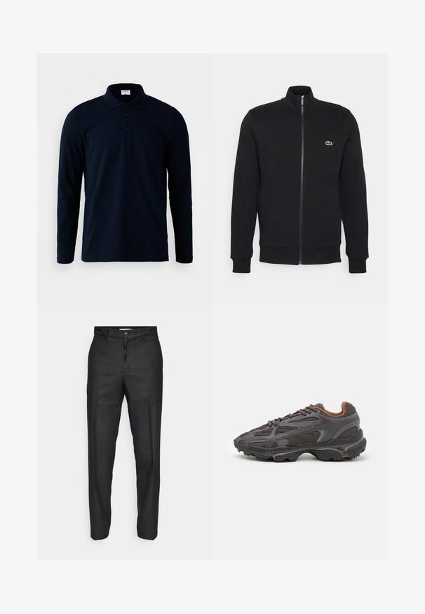 Sort zip-jakke lavet af blødt stof. Har en høj krave, lange ærmer og et lille grønt logo på venstre side af brystet.; Filippa K LUKE - Poloshirts - navy; Sorte bukser lavet af et glat stof, med en frontlukning med knap, lige ben og uden synlige lommer eller mønstre.; Lacoste sneakers i mørkegrå med mesh og syntetisk materiale, udstyret med en tekstureret sål og brune accenter på kraven og brandingen.