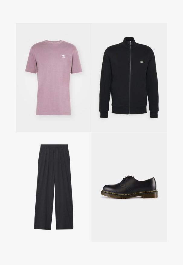 Melnā pieliekamā jaka, kas izgatavota no mīksta auduma. Tās iezīmes ir augsts apkakle, garas piedurknes un neliels zaļš logo kreisajā krūtī.; adidas Originals TREFOIL ESSENTIALS - Apdrukāts T-krekls - shadow fig; Platas piegriezuma bikses no tumši pelēka auduma. Iezīmes - izgriezumi jostasvietā, veidota forma un taisna silueta.; Melna ādas kurpe ar noapaļotu purngali, šņorēšanas dizains, dzeltena šuvju līnija gar zoli un masīva, teksturēta gumijas zole.