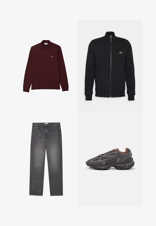 Musta vetoketjullinen takki, joka on valmistettu pehmeästä kankaasta. Takissa on korkea kaulus, pitkät hihat ja pieni vihreä logo vasemmalla puolella rintaa.; Burgundy pitkähihaine polo-paita, joka on valmistettu puuvillasta. Paitassa on klassinen kaulus, kaksinappinen etupaneeli ja vihreä brodeerattu krokotiililogo.; Tummanharmaat farkut suoralla leikkauksella, joissa on viisi taskua, edessä nappikiinnitys ja hieno haalistuminen kankaan pinnalla.; Lacoste-tennar i mörkgrått med nät- och syntetmaterial, med en texturerad sula och bruna accenter på kragen och märket.