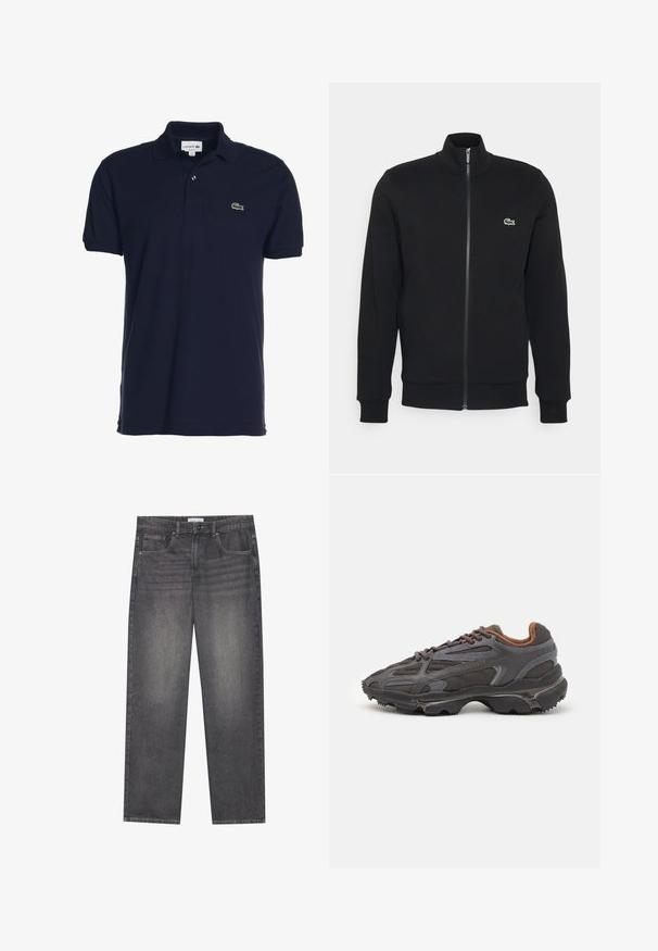 Chaqueta negra con cremallera, fabricada en un material suave. Presenta un cuello alto, mangas largas y un pequeño logo verde en el lado izquierdo del pecho.; Polo en color azul marino hecho de algodón con un corte clásico, que cuenta con una tapeta de dos botones y un pequeño logo de cocodrilo verde en el pecho.; Jeans de mezclilla gris oscuro con corte recto, que cuentan con cinco bolsillos, un cierre frontal con botón y un ligero desgastado en la tela.; Zapatillas Lacoste en gris oscuro con material de malla y sintético, que cuentan con una suela texturizada y detalles en marrón en el cuello y la marca.