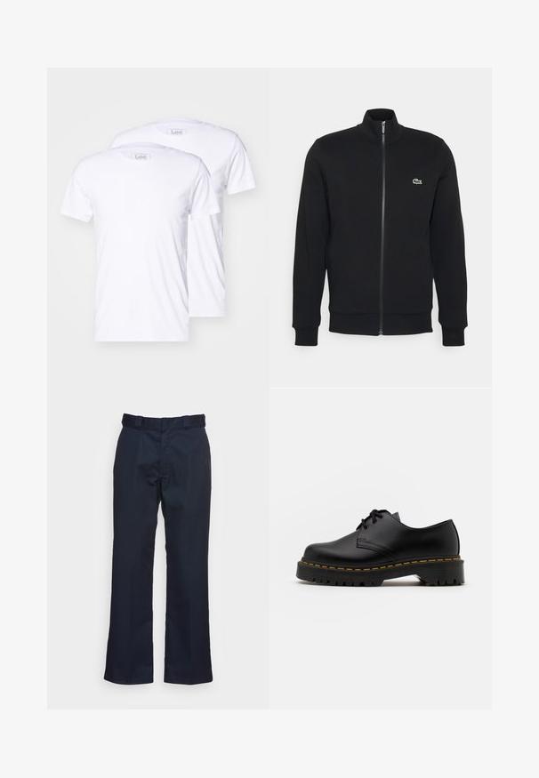 Černá zipová bunda vyrobená z měkké tkaniny. Má vysoký límec, dlouhé rukávy a malé zelené logo na levé straně hrudi.; Dvě bílé bavlněné trička s krátkým rukávem, kulatými výstřihy a značkou Lee na štítcích. Hladká textilie, klasický střih, bez dalších vzorů.; Námořnické modré kalhoty se středovým střihem, vyrobené z hladké látky, s běžným pasem a bez viditelných vzorů či kovových doplňků.; Černá kůže šněrovací boty s kulatou špičkou, texturovanou gumovou podrážkou a žlutým prošíváním kolem základny. Plný design a hladký povrch.