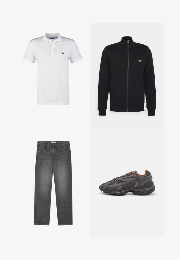 Čierna zipsová bunda vyrobená z mäkkej tkaniny. Obsahuje vysoký golier, dlhé rukávy a malé zelené logo na ľavej strane hrude.; Biely polo tričko vyrobené z bavlny, so zapínaním na tri gombíky, krátkymi rukávmi a zeleným vyšitým logom krokodíla na ľavej hrudi.; Tmavošedé džínsové nohavice so rovnýmm strihom, obsahujúce päť vreciek, predné zapínanie na gombík a jemné vyblednutie na látke.; Lacoste tenisky v tmavo sivej farbe z nylonu a syntetického materiálu, s textúrovanou podrážkou a hnedými akcentami na golieri a brandingu.