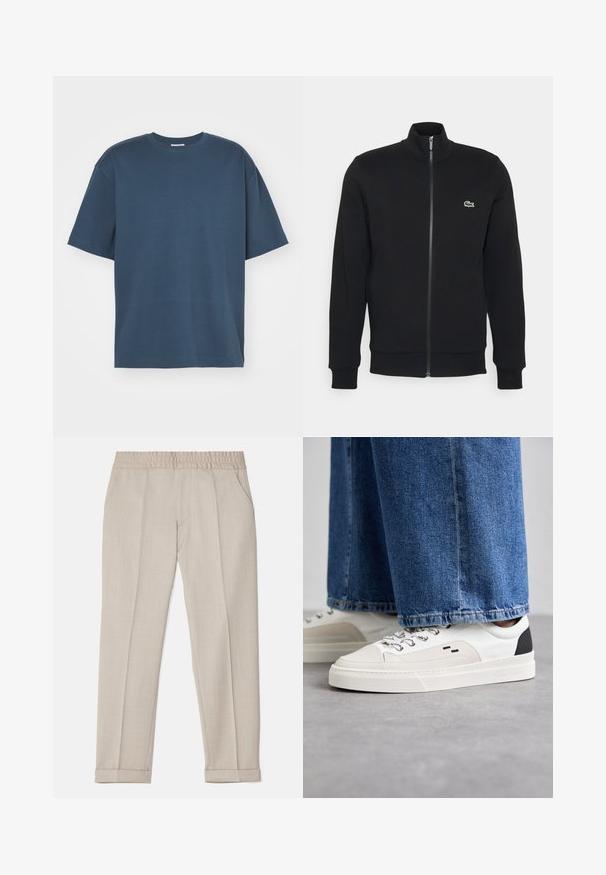 Jachetă neagră cu fermoar, fabricată dintr-un material moale. Prezintă un guler înalt, mâneci lungi și un mic logo verde pe partea stângă a pieptului.; Filippa K HEAVY CREW NECK TEE - Tricou basic - dawn blue; Filippa K TERRY CROPPED TROUSERS - Pantaloni - sage melange; Adidași albi și negri, cu un superior din piele netedă, accente texturate și o talpă albă groasă. Prezintă un design clasic cu șireturi.