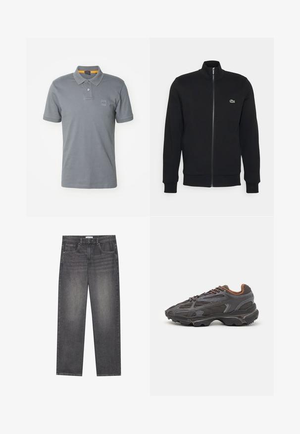 Fekete, cipzáros dzseki puha anyagból. Magas nyaka, hosszú ujjai és a bal mellen egy kis zöld logó található.; BOSS PASSENGER - Pólóing - dark grey; Sötétszürke vászon farmernadrág egyenes szabással, öt zsebbel, elöl gombos záródással és enyhe halványodással az anyagon.; Sötét szürke Lacoste sportcipők hálós és szintetikus anyagból, textúrázott talppal és barna díszítésekkel a nyak részen és a logón.