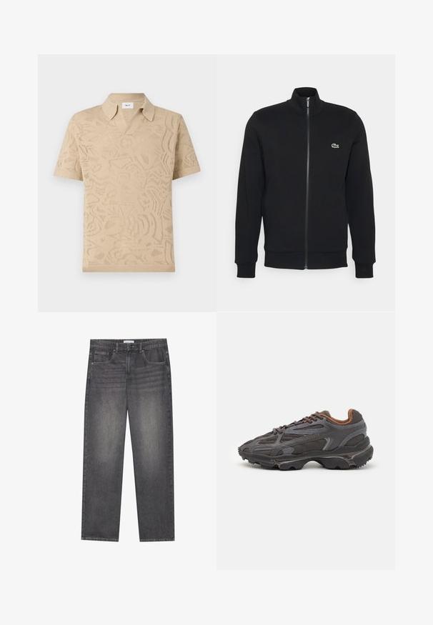 Crna jakna na patentni zatvarač napravljena od mekog materijala. Ima visok ovratnik, duge rukave i mali zeleni logotip s lijeve strane grudi.; NN.07 RYAN - Majica kratkih rukava s printom - sand; Tamnosivi traperice s ravnim krojem, s pet džepova, prednjim kopčanjem na dugme i suptilnim izblijeđenim dijelovima na tkanini.; Lacoste tenisice u tamno sivoj boji s mrežastim i sintetičkim materijalom, s teksturiranom potplatom i smešnim akcentima na ovratniku i brandiranju.