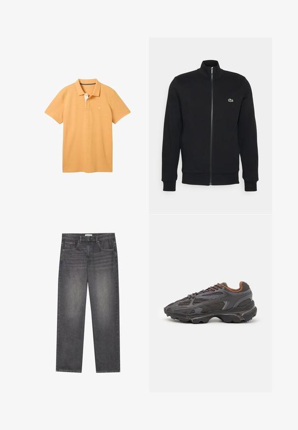 Veste noire à fermeture éclair en tissu doux. Elle présente un col haut, des manches longues et un petit logo vert sur le côté gauche de la poitrine.; TOM TAILOR BASIC WITH CONTRAST - Polo - pepper orange white melange; Jean en denim gris foncé à coupe droite, dotés de cinq poches, d'une fermeture à bouton à l'avant et d'un léger dégradé sur le tissu.; Baskets Lacoste en gris foncé, en matériau mesh et synthétique, avec une semelle texturée et des accents marron sur le col et le branding.