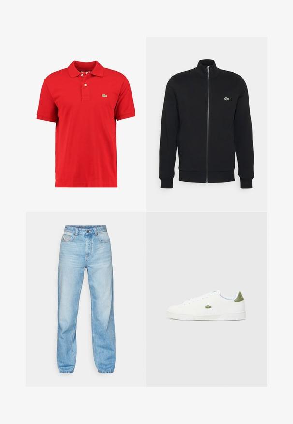 Svart zip-up jacka i mjukt tyg. Har hög krage, långa ärmar och en liten grön logotyp på vänster sida av bröstet.; Röd polo t-shirt i texturerad bomull med klassisk krage, korta ärmar, tvåknappsknäppning och en liten grön logotyp på bröstet.; Ljusblå jeans i denim med rak skärning, femficka design och en synlig knappgylf med kontrasterande sömmar.; Vita sneakers med en slät textur, med en grön detalj vid hälen och en liten broderad krokodil-logga på sidan.