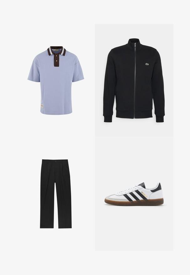 Sort zip-jakke lavet af blødt stof. Har en høj krave, lange ærmer og et lille grønt logo på venstre side af brystet.; Lyseblå polo skjorte med en brun ribbet krave med hvide striber, to brune knapper og et lille logo på forsiden af kanten.; Sorte bukser med lige ben, lavet af et glat stof. Har frontfolder og en enkelt knaplukning i taljen.; Hvide lædersneakers med sorte suedekanter, tre sorte striber, beige gummisål og guld "SPEZIAL" branding på siden.