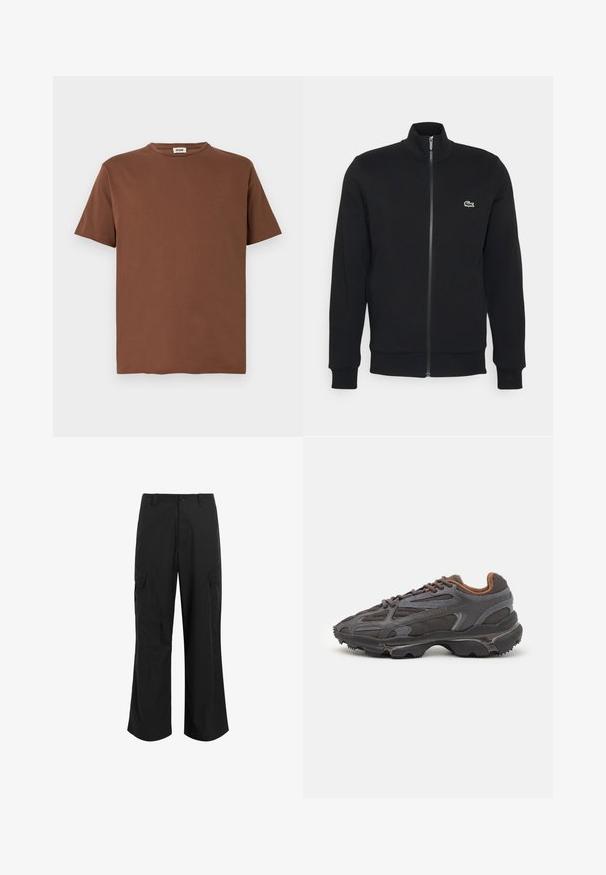 Jachetă neagră cu fermoar, fabricată dintr-un material moale. Prezintă un guler înalt, mâneci lungi și un mic logo verde pe partea stângă a pieptului.; Tricou din bumbac maro, cu guler rotund și mâneci scurte. Materialul are o textură netedă și un design cu o croială regulată.; Pantaloni cargo negri dintr-un material ușor, cu o croială relaxată, două buzunare laterale mari și închidere cu nasture.; Adidași Lacoste de culoare gri închis, din material mesh și sintetic, cu o talpă texturată și accente maronii pe guler și branding.