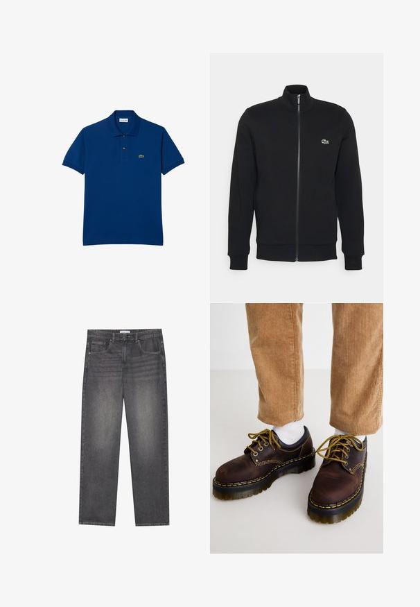 Musta vetoketjullinen takki, joka on valmistettu pehmeästä kankaasta. Takissa on korkea kaulus, pitkät hihat ja pieni vihreä logo vasemmalla puolella rintaa.; Lacoste Pikeepaita - bleu hbm; Tummanharmaat farkut suoralla leikkauksella, joissa on viisi taskua, edessä nappikiinnitys ja hieno haalistuminen kankaan pinnalla.; Ruske nahkasaappaat keltaisella ompelella, pyöreä varvas, paksu tasapohja ja kontrastiväriset mustat yksityiskohdat. Yhdistetty valkoisten sukkien ja corduroy-housujen kanssa.