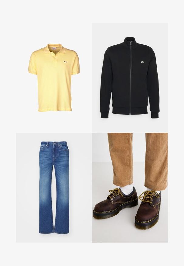 Fekete, cipzáros dzseki puha anyagból. Magas nyaka, hosszú ujjai és a bal mellen egy kis zöld logó található.; Sárga pólóing, pamutból készült, két gombos gallérral, rövid ujjakkal és egy kis fekete krokodil logóval a mellrészén.; Kék farmernadrág egyenes szárú fazonban, kiégett mosással, öt zsebbel és gombbal, valamint cipzárral a deréknál.; Barna bőr cipők sárga varrással, kerek orral, vastag platform talppal és kontrasztos fekete akcentusokkal. Fehér zoknikkal és kordbársony nadrággal viselve.