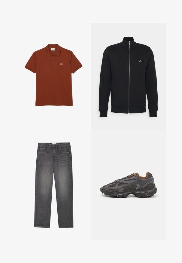 Schwarze Zip-Jacke aus weichem Material. Sie verfügt über einen hohen Kragen, lange Ärmel und ein kleines grünes Logo auf der linken Seite der Brust.; Lacoste Poloshirt - marron shi; Dunkelgraue Denim-Jeans mit geradem Schnitt, fünf Taschen, einem Frontknopfverschluss und subtilen Verfärbungen auf dem Stoff.; Lacoste Sneaker in Dunkelgrau aus Mesh und Synthetikmaterial, mit einer strukturierten Sohle und braunen Akzenten am Kragen und Logo.