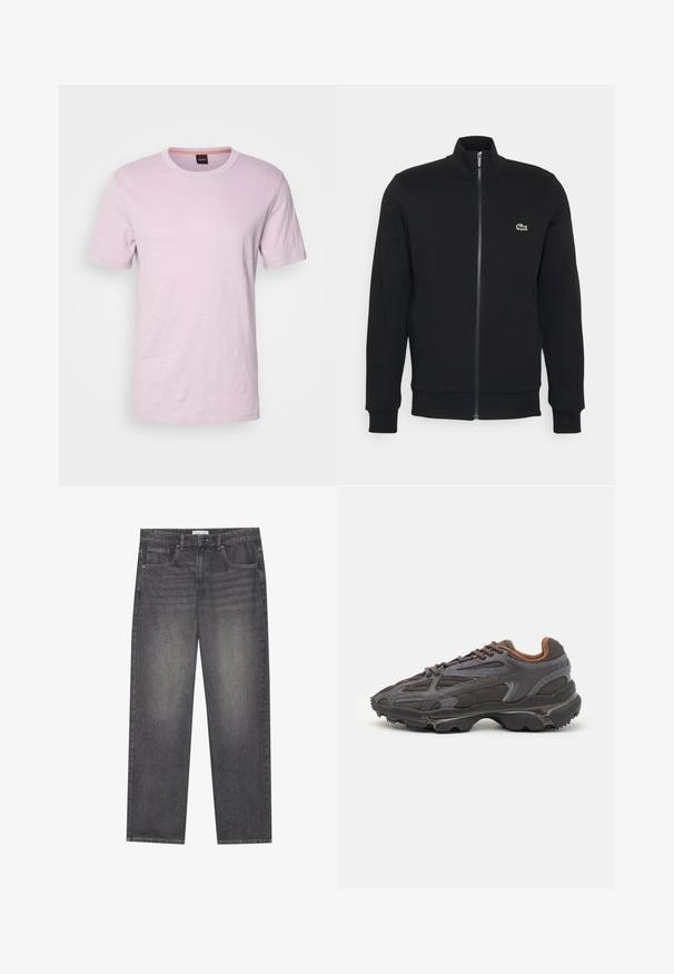 Jachetă neagră cu fermoar, fabricată dintr-un material moale. Prezintă un guler înalt, mâneci lungi și un mic logo verde pe partea stângă a pieptului.; BOSS TEGOOD - Tricou basic - open purple; Jeans negri de denim cu croială dreaptă, având cinci buzunare, închidere frontală cu nasture și o decolorare subtilă pe întreaga țesătură.; Adidași Lacoste de culoare gri închis, din material mesh și sintetic, cu o talpă texturată și accente maronii pe guler și branding.
