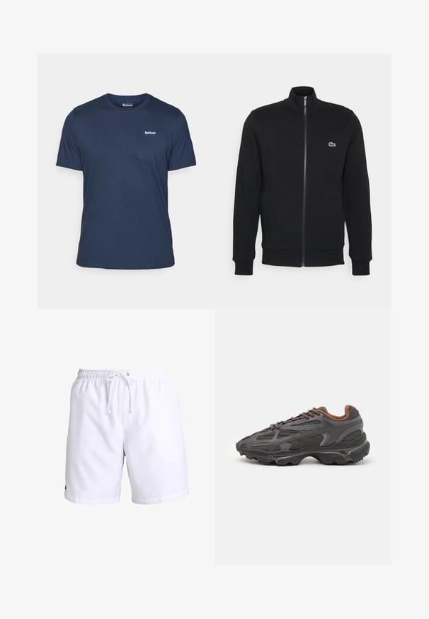 Černá zipová bunda vyrobená z měkké tkaniny. Má vysoký límec, dlouhé rukávy a malé zelené logo na levé straně hrudi.; Tmavě modré bavlněné tričko s krátkým rukávem, doplněné malou přední kapsou a bílým logem "Barbour" nad kapsou.; Bílé plavky s elastickým pasem a šňůrkou. Vyrobené z lehkého materiálu s hladkou texturou. Bez vzorů nebo akcentů.; Sněrovací boty Lacoste v tmavě šedé barvě s síťovinou a syntetickým materiálem, prezentující texturovanou podrážku a hnědé detaily na límci a logu.