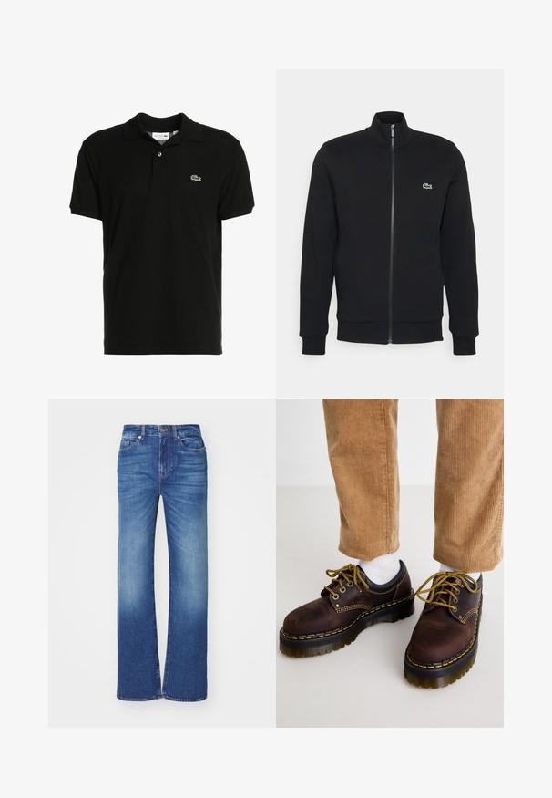 Sort zip-jakke lavet af blødt stof. Har en høj krave, lange ærmer og et lille grønt logo på venstre side af brystet.; Sort polo-shirt i bomuldsstof med klassisk krave, korte ærmer og et lille grønt Lacoste-logo på venstre bryst.; Blå denimjeans med lige ben-design, der har en falmet vask, fem lommer og en knap- og lynlåslukning i taljen.; Brune lædersko med gul syning, rund tå, tyk platformssål og kontrastfarvede sorte accenter. Båret med hvide sokker og fløjlsbukser.