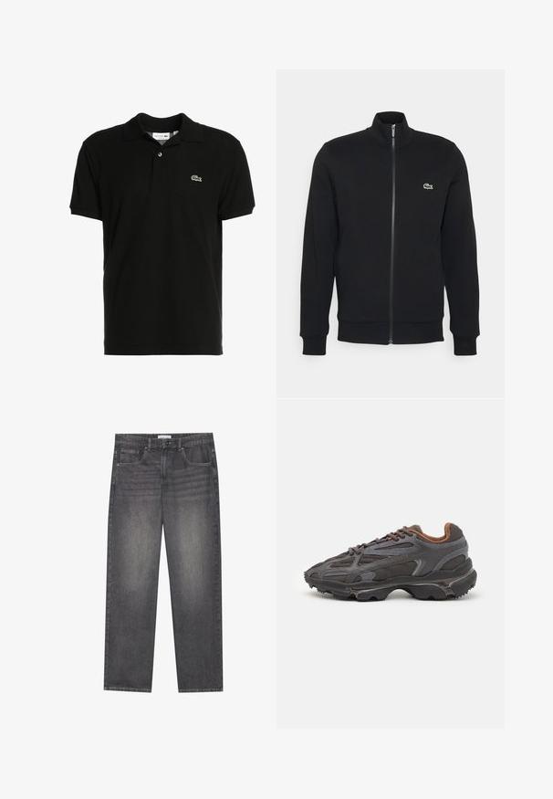 Musta vetoketjullinen takki, joka on valmistettu pehmeästä kankaasta. Takissa on korkea kaulus, pitkät hihat ja pieni vihreä logo vasemmalla puolella rintaa.; Mustapaita puuvillakankaasta, jossa on klassinen kaulus, lyhyet hihat ja pieni vihreä Lacoste-logo vasemmassa rinnassa.; Tummanharmaat farkut suoralla leikkauksella, joissa on viisi taskua, edessä nappikiinnitys ja hieno haalistuminen kankaan pinnalla.; Lacoste-tennar i mörkgrått med nät- och syntetmaterial, med en texturerad sula och bruna accenter på kragen och märket.