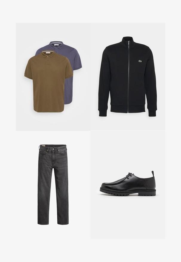 Jqueta preta com fecho éclair, feita de um tecido macio. Apresenta um colarinho alto, mangas longas e um pequeno logótipo verde do lado esquerdo do peito.; Duas camisolas polo em verde-azeitona e azul-marinho. Mangas curtas, colarinho clássico, placket de três botões. Tecido de algodão suave.; Jeans de ganga cinza escuro com corte reto, cinco bolsos e rebites de cobre. Design clássico com uma textura ligeiramente desgastada.; Shoe preto de couro com atacadores, equipado com uma sola robusta e puxador no calcanhar, apresentado de lado sobre um fundo branco.