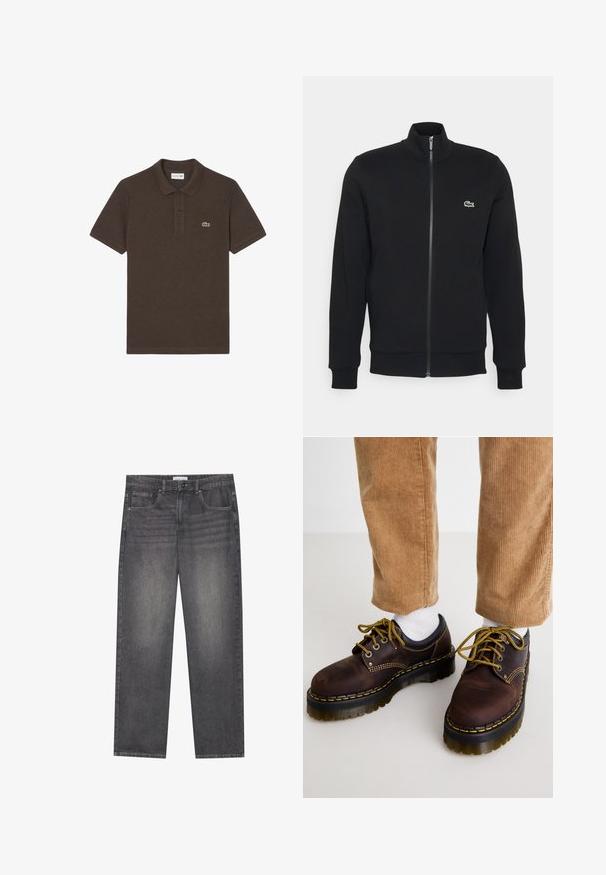 Musta vetoketjullinen takki, joka on valmistettu pehmeästä kankaasta. Takissa on korkea kaulus, pitkät hihat ja pieni vihreä logo vasemmalla puolella rintaa.; Ruskea poolopaita, jossa on kaulus, kaksi nappia edessä ja vihreä brodeerattu krokotiililogo vasemmassa rinnassa.; Tummanharmaat farkut suoralla leikkauksella, joissa on viisi taskua, edessä nappikiinnitys ja hieno haalistuminen kankaan pinnalla.; Ruske nahkasaappaat keltaisella ompelella, pyöreä varvas, paksu tasapohja ja kontrastiväriset mustat yksityiskohdat. Yhdistetty valkoisten sukkien ja corduroy-housujen kanssa.