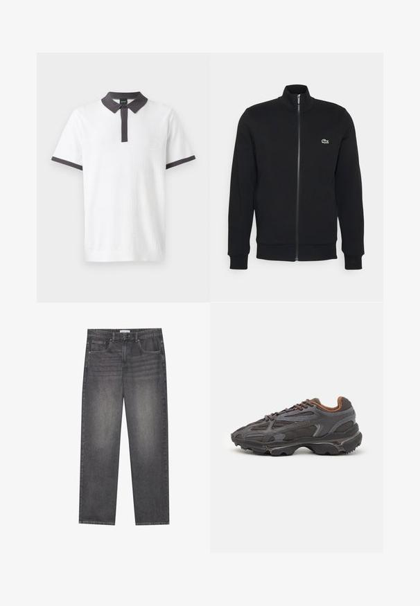 Musta vetoketjullinen takki, joka on valmistettu pehmeästä kankaasta. Takissa on korkea kaulus, pitkät hihat ja pieni vihreä logo vasemmalla puolella rintaa.; Valkoinen polo-paita, joka on valmistettu teksturoidusta kankaasta, ja jossa on tumma harmaa kaulus ja hiuskoristeet. Paita sisältää hienovaraisen brodeeratun logon rinnassa.; Tummanharmaat farkut suoralla leikkauksella, joissa on viisi taskua, edessä nappikiinnitys ja hieno haalistuminen kankaan pinnalla.; Lacoste-tennar i mörkgrått med nät- och syntetmaterial, med en texturerad sula och bruna accenter på kragen och märket.