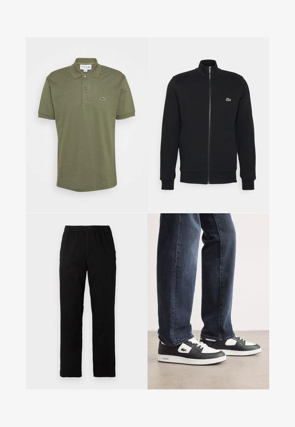 Svart zip-up jacka i mjukt tyg. Har hög krage, långa ärmar och en liten grön logotyp på vänster sida av bröstet.; Olivegrön pikétröja, kort ärm, tvåknappsslits, ribbad krage, med en broderad Lacoste-logotyp på vänster bröst. Tillverkad av bomull.; Svarta byxor i en blandning av bomull, med rak passform, elastisk midja med knapp och utan synliga mönster eller accenter.; Svarta och vita Lacoste-sneakers med en texturerad läderövre, med snörningsdesign och en vit gummisula. Bärs med mörka jeans.