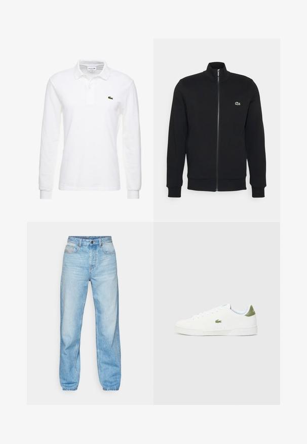 Zwarte ritsjack gemaakt van zachte stof. Heeft een hoge kraag, lange mouwen en een klein groen logo aan de linkerkant van de borst.; Witte poloshirt met lange mouwen van katoen, met een klassieke kraag en een klein groen Lacoste-logo op de borst. Glad textuur.; Lichtblauwe jeans van denim, met een rechte pasvorm, vijf zakken en een zichtbare gulp met contrasterende stiksels.; Witte sneakers met een gladde textuur, voorzien van een groene accent bij de hiel en een klein geborduurd krokodillenlogo aan de zijkant.